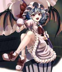 Rule 34 | 1girl, :d, absurdres, alcohol, ascot, bat wings, bloomers, blue hair, brooch, cup, drinking glass, fang, full body, hat, hat ribbon, highres, holding, jewelry, kstr, looking at viewer, mob cap, moon, open mouth, puffy sleeves, red eyes, red wine, remilia scarlet, ribbon, shoes, short hair, short sleeves, sitting, skirt, smile, solo, spilling, touhou, underwear, white legwear, wine, wings