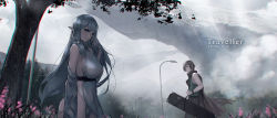 Rule 34 | 1boy, 1girl, ass, bare shoulders, blue eyes, bracelet, breasts, brown cloak, brown hair, chromatic aberration, cloak, fairy, flower, fog, forest, highres, jewelry, lamppost, large breasts, light, light rays, long hair, looking back, nature, no panties, orange eyes, original, outdoors, pandea work, pink flower, pointy ears, pubic hair, rock, silhouette, standing, tree, white hair