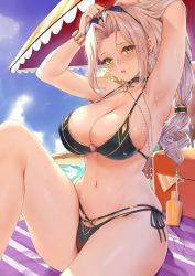 Rule 34 | 1girl, armpits, arms up, bad id, bad twitter id, beach towel, beach umbrella, bikini, blonde hair, blue sky, bracelet, breasts, carmilla (fate), carmilla (swimsuit rider) (fate), carmilla (swimsuit rider) (third ascension) (fate), cleavage, cloud, cloudy sky, commentary request, day, earrings, eyewear on head, fate/grand order, fate (series), fingernails, gold trim, highres, jewelry, large breasts, long hair, looking at viewer, lotion bottle, low-tied long hair, nail polish, navel, open mouth, outdoors, shiny skin, side-tie bikini bottom, simple background, sitting, sky, solo, stomach, striped, sunglasses, sweat, sweatdrop, swimsuit, thighs, towel, toyoman, umbrella, water, yellow eyes