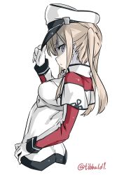Rule 34 | 10s, 1girl, arm up, bad id, bad twitter id, blonde hair, breasts, capelet, closed mouth, cowboy shot, ebifurya, expressionless, eyebrows, from side, gloves, graf zeppelin (kancolle), grey eyes, hand on headwear, hand on own hip, hat, highres, inactive account, jacket, kantai collection, long hair, long sleeves, looking at viewer, medium breasts, peaked cap, profile, shadow, sidelocks, simple background, solo, twintails, twitter username, white background, white gloves, white jacket