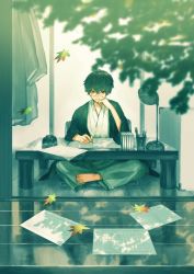 Rule 34 | 1boy, absurdres, barefoot, black hair, black kimono, blurry, blurry foreground, branch, closed mouth, commentary request, desk lamp, falling leaves, full body, gloves, head rest, highres, inkwell, japanese clothes, kanai (nai nai), kimono, lamp, leaf, crossed legs, male focus, on floor, original, papers, pen, short hair, sitting, solo, table, toes, white kimono
