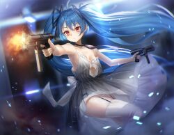 Rule 34 | 1girl, absurdres, armpits, bare arms, bare shoulders, black necktie, blue hair, breasts, clothing cutout, collarbone, commission, dress, dual wielding, enpera (jdud8375), garter straps, girls&#039; frontline, gun, hair ornament, highres, holding, holding gun, holding weapon, long hair, low-cut armhole, necktie, panties, red eyes, ribbed legwear, shipka (girls&#039; frontline), sleeveless, sleeveless dress, solo, striped clothes, striped dress, thighhighs, twintails, underwear, vertical-striped clothes, vertical-striped dress, very long hair, weapon, white panties, white thighhighs
