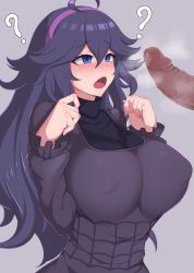 Rule 34 | 1boy, 1girl, ?, absurdres, ahoge, alternate breast size, black sweater, blue eyes, blush, breasts, breasts squeezed together, censored, covered erect nipples, creatures (company), disembodied penis, dress, game freak, hair between eyes, hairband, hetero, hex maniac (pokemon), highres, huge breasts, large breasts, long hair, mosaic censoring, nintendo, open mouth, out of frame, penis, penis awe, pokemon, pokemon xy, purple background, purple dress, ribbed sweater, ruberule, simple background, solo focus, steam, steaming body, sweatdrop, sweater, tareme, turtleneck, turtleneck sweater, upper body