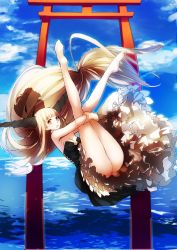 Rule 34 | 1girl, :o, alternate costume, alternate hair color, arm grab, ass, bare legs, bare shoulders, barefoot, black dress, blonde hair, blue sky, breasts, cleavage, cloud, day, dress, female focus, floating, frills, horizon, horns, ibuki suika, hugging own legs, legs, legs up, lia-sama, long hair, long legs, looking at viewer, no panties, ocean, aged up, open mouth, perspective, red eyes, sky, sleeveless, sleeveless dress, small breasts, solo, thighs, torii, touhou, very long hair, water