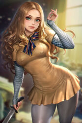 Rule 34 | 1girl, blonde hair, blue bow, blue bowtie, blue eyes, blurry, blurry background, bow, bowtie, breasts, cowboy shot, curly hair, dress, grey pantyhose, highres, holding, holding sword, holding weapon, layered sleeves, long hair, long sleeves, m3gan, m3gan (character), medium breasts, neoartcore, paid reward available, pantyhose, patreon username, short over long sleeves, short sleeves, solo, striped bow, striped bowtie, striped clothes, striped sleeves, sword, weapon, yellow dress