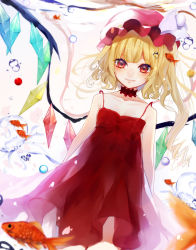 Rule 34 | 1girl, babydoll, bad id, bad pixiv id, bare arms, bare shoulders, blonde hair, bubble, collarbone, daimaou ruaeru, fish, flandre scarlet, hat, hat ribbon, highres, long hair, looking at viewer, mob cap, red eyes, ribbon, side ponytail, smile, solo, touhou, underwater, wings