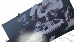 Rule 34 | ae86, armored core, armored core 6, ayre (armored core 6), car, crossover, drifting, glowing, gun, highres, initial d, mecha, motor vehicle, personification, robot, shell casing, shotgun, smoke, speed lines, weapon