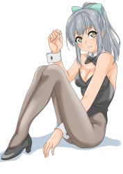 Rule 34 | absurdres, black bow, black bowtie, black leotard, bow, bowtie, brown eyes, brown pantyhose, detached collar, green bow, grey hair, hair bow, highres, kantai collection, leotard, maonatten, nontraditional playboy bunny, pantyhose, parted lips, ponytail, simple background, sitting, strapless, strapless leotard, white background, wrist cuffs, yuubari (kancolle)