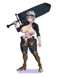 Rule 34 | 1girl, abs, armor, asta (black clover), bandana, belt, black clover, boots, denim, female focus, genderswap, genderswap (mtf), green eyes, highres, jeans, looking at viewer, midriff, muscular, muscular arms, muscular female, navel, pants, partially undressed, scar, shoulder armor, smile, solo, sword, thick thighs, thighs, weapon, white hair