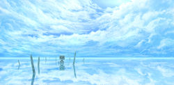 Rule 34 | blue sky, branch, cloud, cloudy sky, commentary request, day, highres, horizon, hotaka, infinite azure, no humans, non-humanoid robot, original, outdoors, partially immersed, reflection, robot, salar de uyuni, scenery, sky, water surface, water world