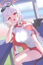Rule 34 | 1girl, absurdres, ahoge, applepie (12711019), black tail, black wings, blue archive, blush, braid, breasts, buruma, candy, eyewear on head, fake wings, feet out of frame, food, grey hair, gym shirt, halo, haruna (blue archive), haruna (track) (blue archive), highres, jacket, jacket on shoulders, large breasts, long hair, looking at viewer, open mouth, red buruma, red eyes, red halo, shirt, side braid, single wing, smile, solo, tongue, tongue out, white shirt, wings