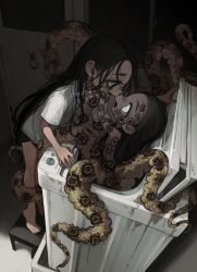 Rule 34 | 2girls, artist name, bare legs, barefoot, black eyes, black hair, child, commentary, dark, from side, full body, hand on another&#039;s face, highres, indoors, ishida umi, leaning forward, long hair, looking at another, monster girl, multiple girls, open mouth, original, scylla, shirt, short sleeves, standing, t-shirt, tentacles, top-load washing machine, very long hair, washing machine, watermark, white eyes, white shirt