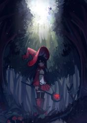 Rule 34 | 1girl, black hair, black thighhighs, blue eyes, boots, bug, capelet, dappled sunlight, day, forest, hat, highres, holding, holding staff, ketopon, long hair, long sleeves, looking at viewer, mushroom, nature, original, outdoors, pleated skirt, red footwear, red hat, red skirt, skirt, solo, staff, standing, sunlight, thighhighs, tree, witch hat