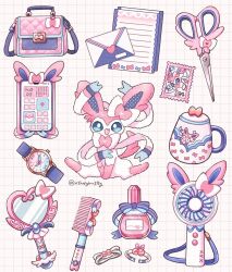 Rule 34 | animal print, bag, bow, bowtie, bracelet, cellphone, comb, commentary request, creatures (company), cup, electric fan, fang, game freak, gen 6 pokemon, grid background, hair ribbon, hairband, handbag, jewelry, lipstick, mail, makeup, mirror, mochopaccho, nintendo, no humans, open mouth, phone, pink bow, pink bowtie, pokemon, postage stamp, ribbon, scissors, simple background, stuffed toy, sylveon, tail, teacup, teeth, twitter username, watch, white background, wristwatch