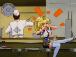 Rule 34 | 1990s (style), 1boy, 1girl, animated, animated gif, blonde hair, bouncing breasts, bow, breasts, burn-up, burn-up excess, chef, excited, hair bow, kicking, kinezono rio, large breasts, long hair, miniskirt, police, police uniform, policewoman, ponytail, sitting, skirt, solo focus, stool, thighhighs, uniform, wall
