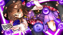 Rule 34 | 1girl, :d, brown hair, cape, clothes writing, glasses, gloves, hat, highres, mirei (miirei), occult ball, open mouth, shirt, short hair, skirt, smile, solo, touhou, usami sumireko, vest, zener card