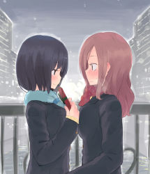 Rule 34 | 2girls, blush, eye contact, from side, gift, highres, homura subaru, long hair, looking at another, multiple girls, original, profile, railing, short hair, smile, valentine, winter clothes, yuri
