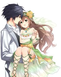 Rule 34 | 1boy, 1girl, :d, ankle lace-up, bare shoulders, black hair, braid, bride, brooch, brown hair, carrying, cross-laced footwear, detached sleeves, dress, eiyuu densetsu, eye contact, falcom, flower, formal, green dress, green eyes, groom, hair between eyes, hair flower, hair ornament, hakuleg, happy, hetero, husband and wife, jewelry, long hair, looking at another, open mouth, petite, princess carry, rean schwarzer, ring, see-through, see-through sleeves, sen no kiseki, simple background, smile, suit, towa herschel, veil, very long hair, wedding band, wedding dress, white background, white suit
