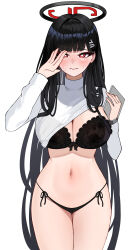 Rule 34 | 1girl, 82jhin, absurdres, black bra, black hair, black panties, blue archive, blush, bra, breasts, bright pupils, cleavage, closed mouth, commentary request, cowboy shot, hair ornament, hairpin, halo, highres, korean commentary, large breasts, long hair, long sleeves, looking at viewer, mixed-language commentary, navel, panties, partial commentary, red eyes, rio (blue archive), simple background, solo, sweater, underwear, watch, white background, white pupils, white sweater, wristwatch