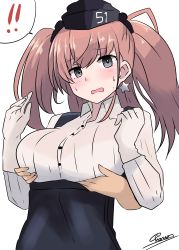 Rule 34 | !, !!, 1girl, absurdres, admiral (kancolle), atlanta (kancolle), black headwear, black skirt, blush, bra visible through clothes, breasts, dress shirt, earrings, garrison cap, gloves, grey eyes, hat, high-waist skirt, highres, jewelry, kantai collection, large breasts, long hair, long sleeves, looking at viewer, noruren, pink hair, shirt, signature, simple background, skirt, solo focus, star (symbol), star earrings, suspender skirt, suspenders, two side up, upper body, white background, white gloves, white shirt