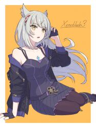Rule 34 | 1girl, animal ears, black jacket, black skirt, black tank top, boots, braid, breasts, brown pantyhose, cat ears, collarbone, core crystal (xenoblade), cropped jacket, fingerless gloves, gloves, grey hair, highres, hinoyama kou, jacket, lying, medium breasts, mio (xenoblade), official alternate color, official alternate hair length, official alternate hairstyle, on side, open mouth, pantyhose, side braid, skirt, solo, spoilers, tank top, xenoblade chronicles (series), xenoblade chronicles 3, yellow background, yellow eyes