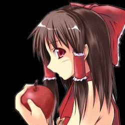Rule 34 | 1girl, apple, bad apple!!, black background, brown hair, detached sleeves, female focus, food, from side, fruit, hair ribbon, hakurei reimu, holding, holding food, holding fruit, japanese clothes, miko, nirap, red eyes, ribbon, short hair, simple background, solo, touhou