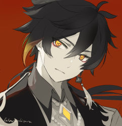 Rule 34 | 1boy, black hair, brown hair, closed mouth, collar, collared shirt, earrings, eyes visible through hair, formal, genshin impact, greyscale, hair between eyes, jacket, jewelry, long hair, looking at viewer, male focus, mimi n, monochrome, multicolored hair, ponytail, red background, shirt, simple background, single earring, solo, suit, yellow eyes, zhongli (genshin impact)