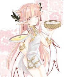 Rule 34 | 1girl, aqua eyes, asa (1asa-0-asa1), bamboo steamer, bare shoulders, bowl, bracelet, breasts, china dress, chinese clothes, circe (fate), dim sum, dress, earrings, fate/grand order, fate (series), feather hair ornament, feathers, hair ornament, highres, jewelry, kykeon, long hair, looking at viewer, one eye closed, pelvic curtain, pink hair, pointy ears, sidelocks, small breasts, smile, solo, thighs, white dress