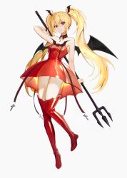 Rule 34 | 1girl, absurdres, blonde hair, boots, chap yun, choker, closed mouth, cross, cross choker, demon, demon girl, demon wings, dress, full body, head wings, highres, holding trident, hoshina utau, looking at viewer, lunatic charm, polearm, purple eyes, red dress, red footwear, shugo chara!, smile, solo, thigh boots, trident, twintails, weapon, white background, wings