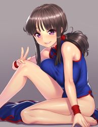Rule 34 | 1girl, barefoot, black hair, blush, breasts, chi-chi (dragon ball), china dress, chinese clothes, dragon ball, dress, grin, highres, large breasts, long hair, looking at viewer, md5 mismatch, pelvic curtain, ponytail, purple eyes, side slit, sidelocks, sitting, smile, solo, yapo (croquis side)