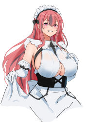 Rule 34 | 1girl, absurdres, alternate costume, azur lane, bare shoulders, blush, breast cutout, breasts, bremerton (azur lane), charybdis (azur lane), charybdis (azur lane) (cosplay), cleavage cutout, clothes lift, clothing cutout, commentary request, cosplay, dress, dress lift, elbow gloves, enmaided, gloves, grin, hair between eyes, highres, large breasts, long hair, looking at viewer, maid, maid headdress, mole, mole under eye, pink hair, red eyes, sidelocks, simple background, smile, solo, soul (dp11), standing, teeth, two-tone dress, underboob, white background, white gloves