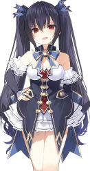 Rule 34 | absurdres, bare shoulders, black hair, breasts, buran buta, cleavage, collar, curious, detached collar, dress, hair between eyes, hand on own hip, highres, jacket, knee up, legs together, long hair, medium breasts, mega miracle force, neck, neptune (series), noire (neptunia), open mouth, red eyes, ribbon, simple background, skirt, solo, thighs, tsundere, twintails, very long hair, waistcoat