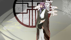 Rule 34 | 1boy, ahoge, blue eyes, clothes grab, eyelashes, flower, frown, full body, hair between eyes, hair down, highres, japanese clothes, kamui gakupo, male focus, mioky, ponytail, purple hair, round window, seigaiha, sleeve grab, smoke, solo, standing, vocaloid, wide sleeves, window