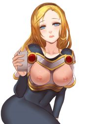Rule 34 | 1girl, armor, blonde hair, blue eyes, blush, bodysuit, breasts, citemer, covered navel, highres, league of legends, liuruoyu8888, long hair, looking at viewer, lux (league of legends), navel, nipples, open mouth, selfie, small breasts, solo