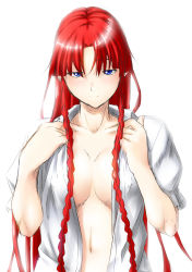 Rule 34 | 1girl, blue eyes, blush, braid, breasts, cleavage, dress shirt, female focus, highres, hong meiling, large breasts, long hair, looking at viewer, niwatazumi, no bra, no headwear, no headwear, open clothes, open shirt, red hair, seductive smile, shirt, sketch, smile, solo, touhou, twin braids, very long hair