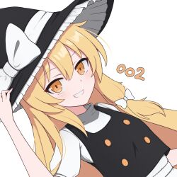 1girl back_bow black_vest blonde_hair blush bow braid buttons cropped dutch_angle frilled_hat frills hair_bow hand_on_headwear hat hat_bow highres kirisame_marisa long_hair looking_at_viewer nanashiaka numbered shirt short_sleeves side_braid simple_background smile solo touhou very_long_hair vest white_background white_bow white_shirt witch_hat yellow_eyes