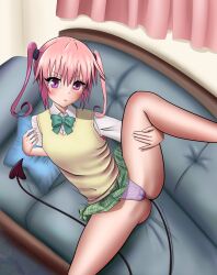 Rule 34 | 1girl, absurdres, blush, bowtie, breasts, cameltoe, cleft of venus, closed mouth, couch, demon girl, demon tail, elementary, female focus, from above, gluteal fold, green bow, green bowtie, green skirt, hair tie, hand on own thigh, highres, leg up, looking at viewer, lying, nana asta deviluke, on side, panties, pillow, pink hair, plaid, plaid skirt, pleated skirt, polka dot, polka dot panties, purple eyes, purple panties, school uniform, shirt, short hair, short sleeves, skirt, small breasts, solo, spread legs, tail, thighs, to love-ru, twintails, underwear, vest, white shirt