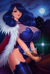 Rule 34 | 1girl, absurdres, akiranime, areola slip, bouncing breasts, breast focus, breasts, brown gloves, bursting breasts, cape, cleavage, close-up, cloud, cloudy sky, crown, curly hair, curvy, dress, earrings, eyebrows, eyelashes, eyeshadow, female focus, fur-trimmed cape, fur trim, gloves, hair over one eye, highres, horse, horseback riding, huge areolae, huge breasts, jewelry, lace, lace-trimmed gloves, lace-trimmed legwear, lace trim, large areolae, leather, leather gloves, light, lights, lips, lipstick, looking at viewer, makeup, midriff, moon, moonlight, naked cape, night, night sky, original, outdoors, pelvic curtain, purple dress, purple hair, queen, red earrings, red lips, riding, riding animal, saddle, shiny skin, sky, smile, solo, strap, streetlights, thighhighs, underbust