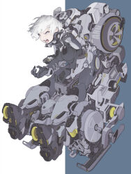 absurdres angry black_bodysuit bodysuit breasts grey_eyes highres large_breasts mecha mecha_musume mecha_pilot_suit open_mouth original robot wheel white_hair yang_youcai