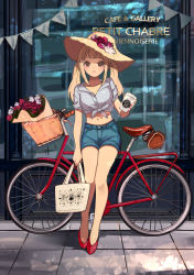 Rule 34 | 1girl, absurdres, bag, bicycle, blonde hair, bouquet, brown eyes, censored, cup, flower, full body, grey shirt, hat, highres, holding, holding bag, holding cup, long hair, midriff, navel, original, red flower, reflection, shadow, shirt, short shorts, shorts, smile, solo, standing, tied shirt, tokiwata soul, twintails, white flower