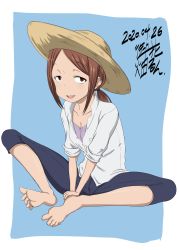 Rule 34 | 1girl, absurdres, barefoot, brown eyes, capri pants, commentary request, hat, highres, houkago teibou nisshi, kuroiwa yuuki, ohanabatake run, open mouth, pants, simple background, soles, solo, straw hat