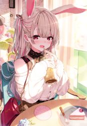 Rule 34 | 2girls, :d, animal ear fluff, animal ears, bag, bare shoulders, blue flower, blue rose, blush, brown hair, cake, cake slice, cherry, cup, curtains, day, drinking glass, earrings, flower, food, fork, fruit, handbag, highres, holding, holding cup, ice, ice cube, indoors, jewelry, long sleeves, looking at viewer, multicolored hair, multiple girls, off-shoulder shirt, off shoulder, open mouth, original, pink hair, plate, rabbit ears, rabbit girl, red eyes, rose, shirt, shnva, shoulder bag, sitting, smile, solo focus, streaked hair, sunlight, two-tone hair, white shirt