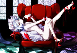 Rule 34 | 1girl, ankle ribbon, armchair, artist nudity, bad id, bad pixiv id, bat wings, blue hair, chair, colored skin, cross-laced footwear, cushion, eyelashes, eyeshadow, feet, female focus, finger to face, finger to mouth, flat chest, hat, high heels, hong (white spider), leg ribbon, light purple hair, makeup, nail polish, nude, pale skin, panties, pillow, red eyes, red nails, remilia scarlet, ribbon, shoe dangle, shoes, short hair, side-tie panties, skinny, slit pupils, solo, toenail polish, toenails, touhou, underwear, untied panties, white panties, white skin, window, wings, wrist cuffs
