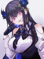 Rule 34 | 1girl, absurdres, asymmetrical horns, bare shoulders, black hair, blue hair, bow, breasts, colored inner hair, crazy eyes, crazy smile, demon horns, hair ornament, highres, hololive, hololive english, horns, large breasts, long hair, looking at viewer, mile (off8mile), mole, mole under eye, multicolored hair, necktie, nerissa ravencroft, nerissa ravencroft (1st costume), red eyes, smile, solo, two-tone hair, uneven horns, virtual youtuber