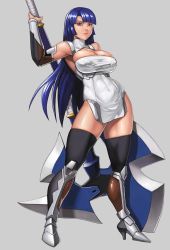 Rule 34 | 1girl, axe, bad anatomy, bad id, bad pixiv id, battle axe, black thighhighs, blue hair, blunt bangs, bodysuit, boots, bracer, breasts, cleavage, covered navel, detached collar, female focus, full body, grey background, high heel boots, high heels, hime cut, holding, holding weapon, large breasts, long hair, looking at viewer, red eyes, shinonome (game hakkutsu tai), solo, standing, taimanin (series), taimanin asagi, taimanin murasaki, thighhighs, thighs, very long hair, weapon, yatsu murasaki