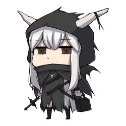 Rule 34 | 1girl, arknights, black cloak, black dress, black footwear, black ribbon, boots, brown eyes, chibi, cloak, commentary, dress, full body, highres, holding, holding staff, hood, hooded cloak, horn ornament, horn ribbon, horns, jewelry, long hair, looking at viewer, magatama, magatama necklace, necklace, nestea, ribbon, riyo (lyomsnpmp) (style), shining (arknights), sidelocks, silver hair, simple background, solo, staff, standing, white background