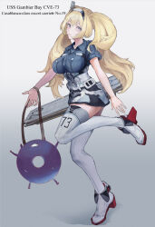 Rule 34 | 1girl, 1other, absurdres, belt, blonde hair, blue eyes, blue shirt, boots, breast pocket, breasts, character name, collared shirt, enemy lifebuoy (kancolle), english text, engrish text, fasuka, from side, full body, gambier bay (kancolle), gradient background, grey background, hairband, highres, kantai collection, large breasts, pocket, ranguage, shirt, simple background, skirt, thigh boots, twintails, white background