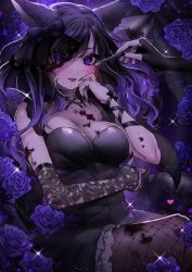 Rule 34 | 1girl, animal ears, black hair, blood, blood on face, breasts, cat ears, cat girl, cat tail, cleavage, commission, dress, han (ateez hncrn), looking at viewer, multicolored hair, original, purple eyes, purple hair, purple theme, skeb commission, solo, tail, wavy hair