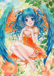 Rule 34 | 1girl, bad id, bad pixiv id, barefoot, blue eyes, blue hair, blush, bow, breasts, cleavage, dress, face, feet, female focus, flower, frills, hair bow, leaf, legs, lipstick, long hair, makeup, matching hair/eyes, medium breasts, nature, orange dress, original, smile, solo, toyoda izumi, twintails, wings