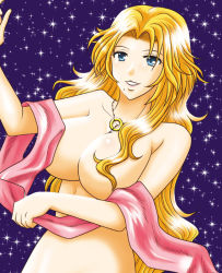Rule 34 | 1girl, bleach, blonde hair, blue eyes, breasts, censored, convenient censoring, female focus, hair over breasts, jewelry, kamei kaori, large breasts, long hair, matsumoto rangiku, mole, necklace, nude, pink ribbon, ribbon, smile, solo